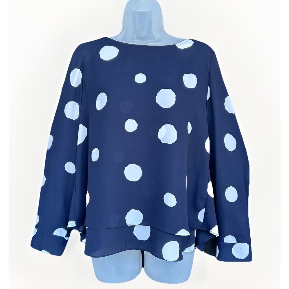 Chico's Blouse Womens Size Small (0) Navy White Polka Dots Tiered Cuff Sleeve